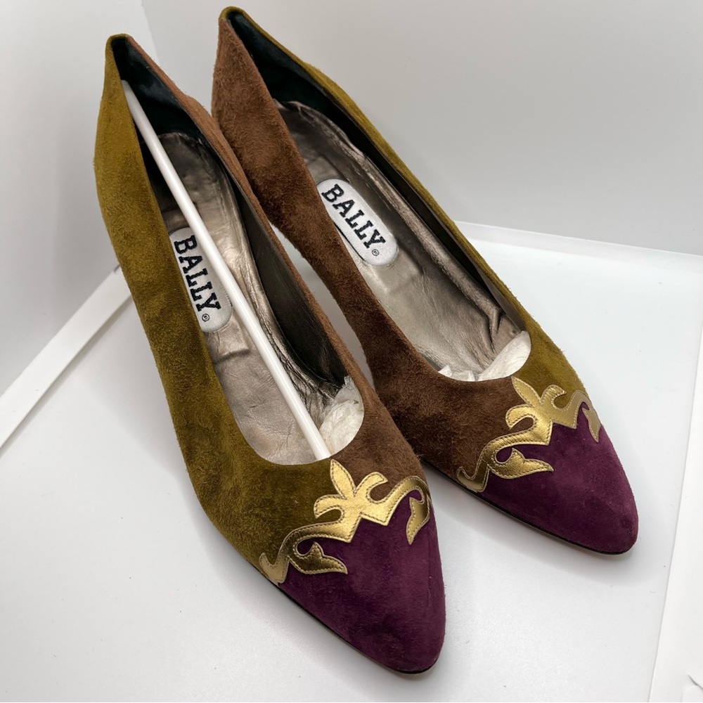 Vintage Bally Suede Multicolour Heels shoes Gold Pointed Toe Italy Rosalyn Pumps